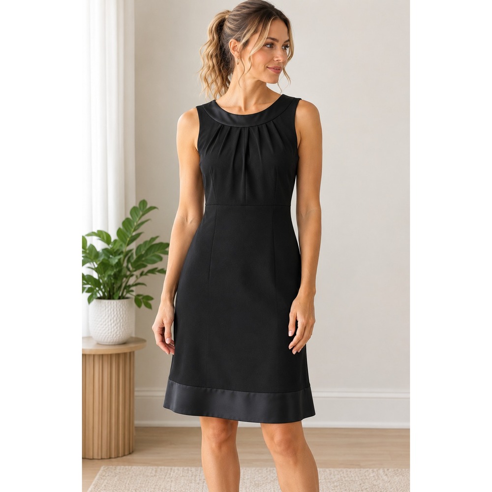 Evan Picone Dress Size 10 Black Satin Trim Pleated Neck Sleeveless Career Sheath